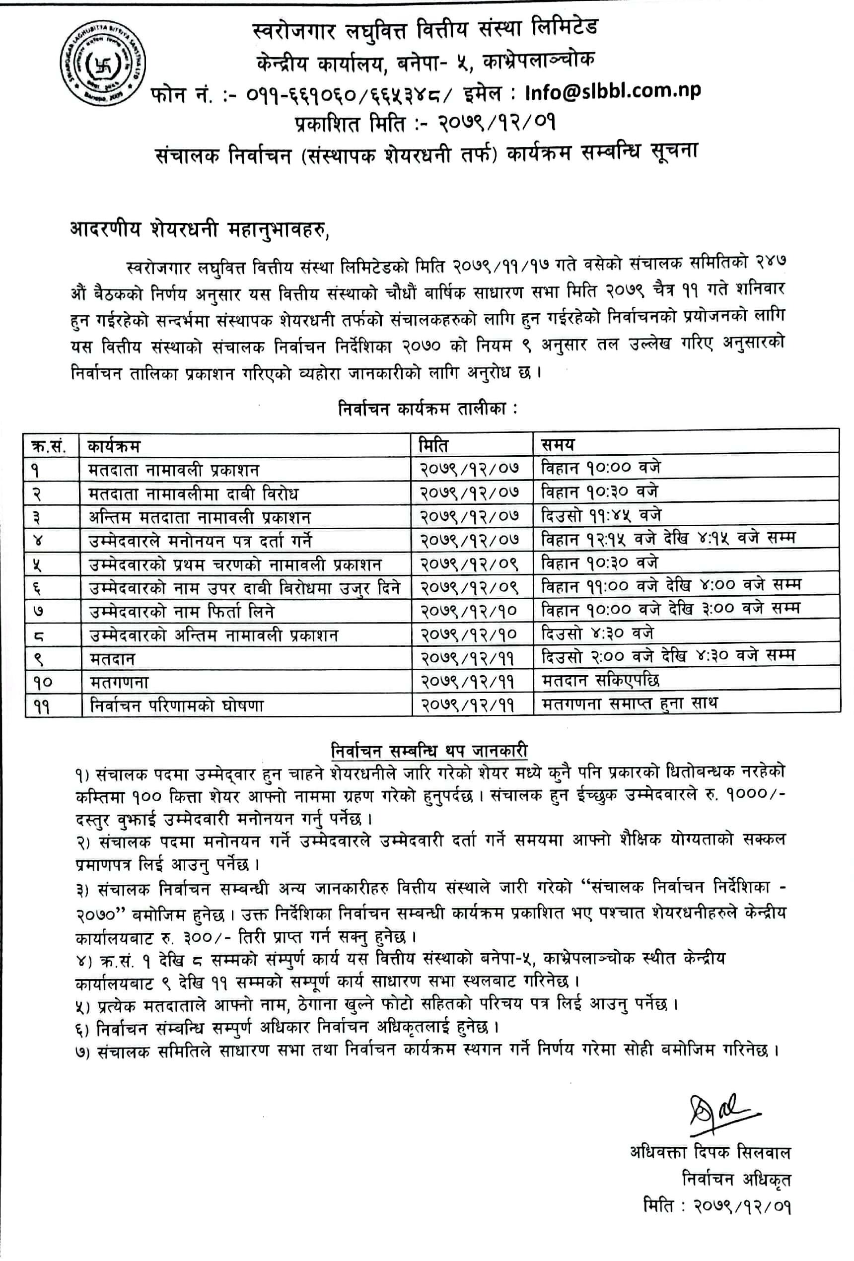 Election Schedule for BOD Election (Promoter Group) 2079.12.01